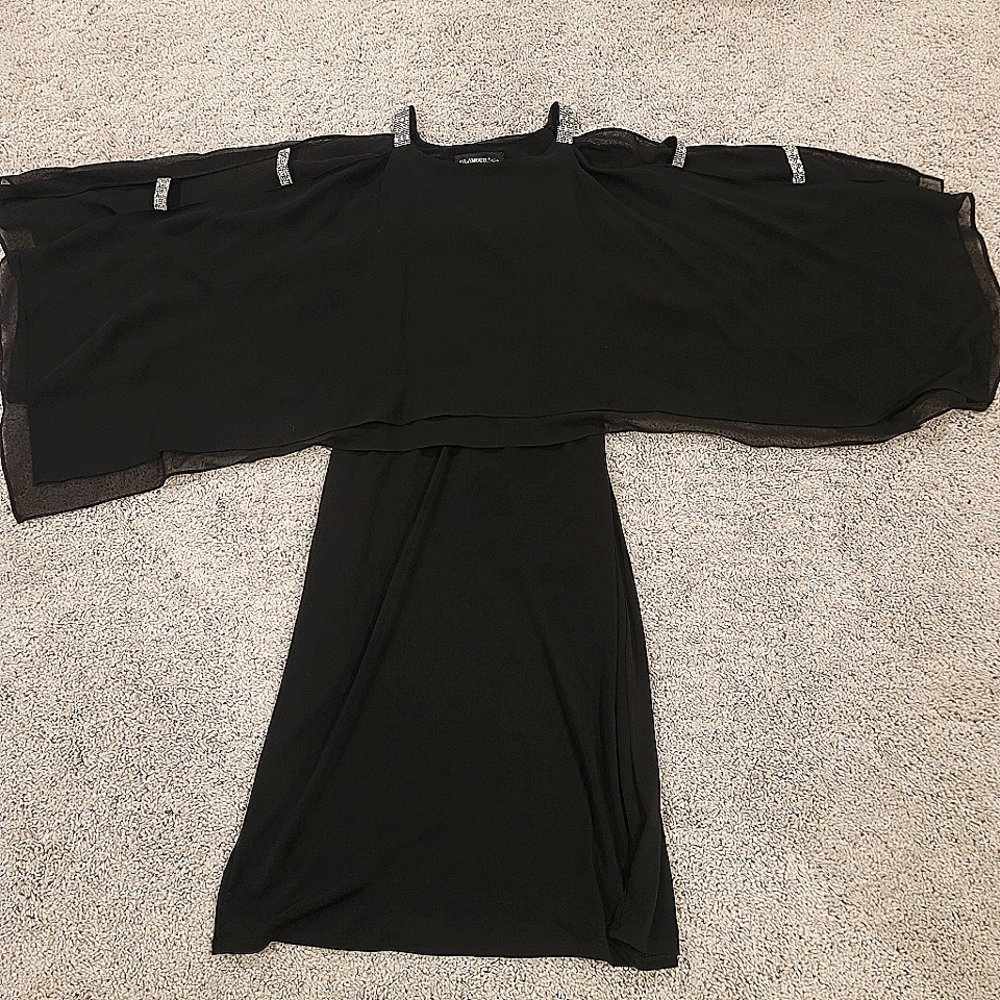 Black Dress w/ Crystal beaded straps and sheer lace sleeves.